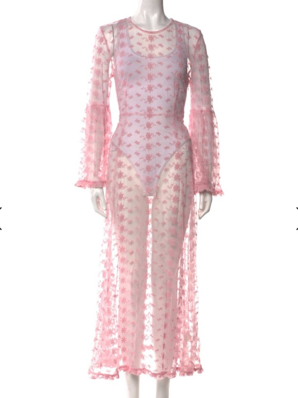 DÔEN Pink Sheer Embroidered Mesh Ruffle Evening Gown Dress - Size M